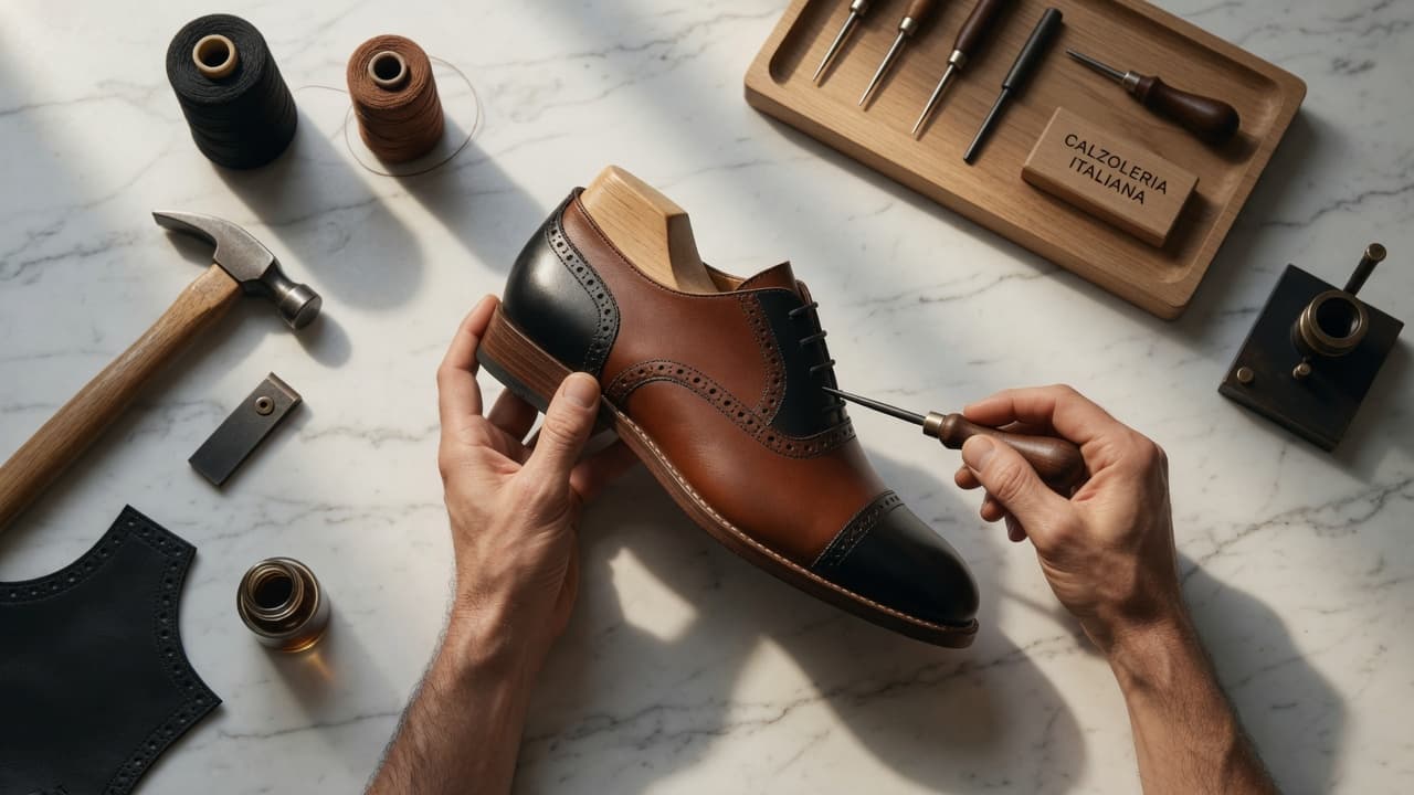 Andrea — Italian shoemaker finishing a two-tone leather oxford by hand