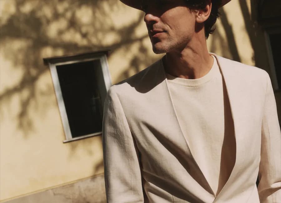 Paul Miranda Sorrento campaign — cream jacket in the afternoon sun