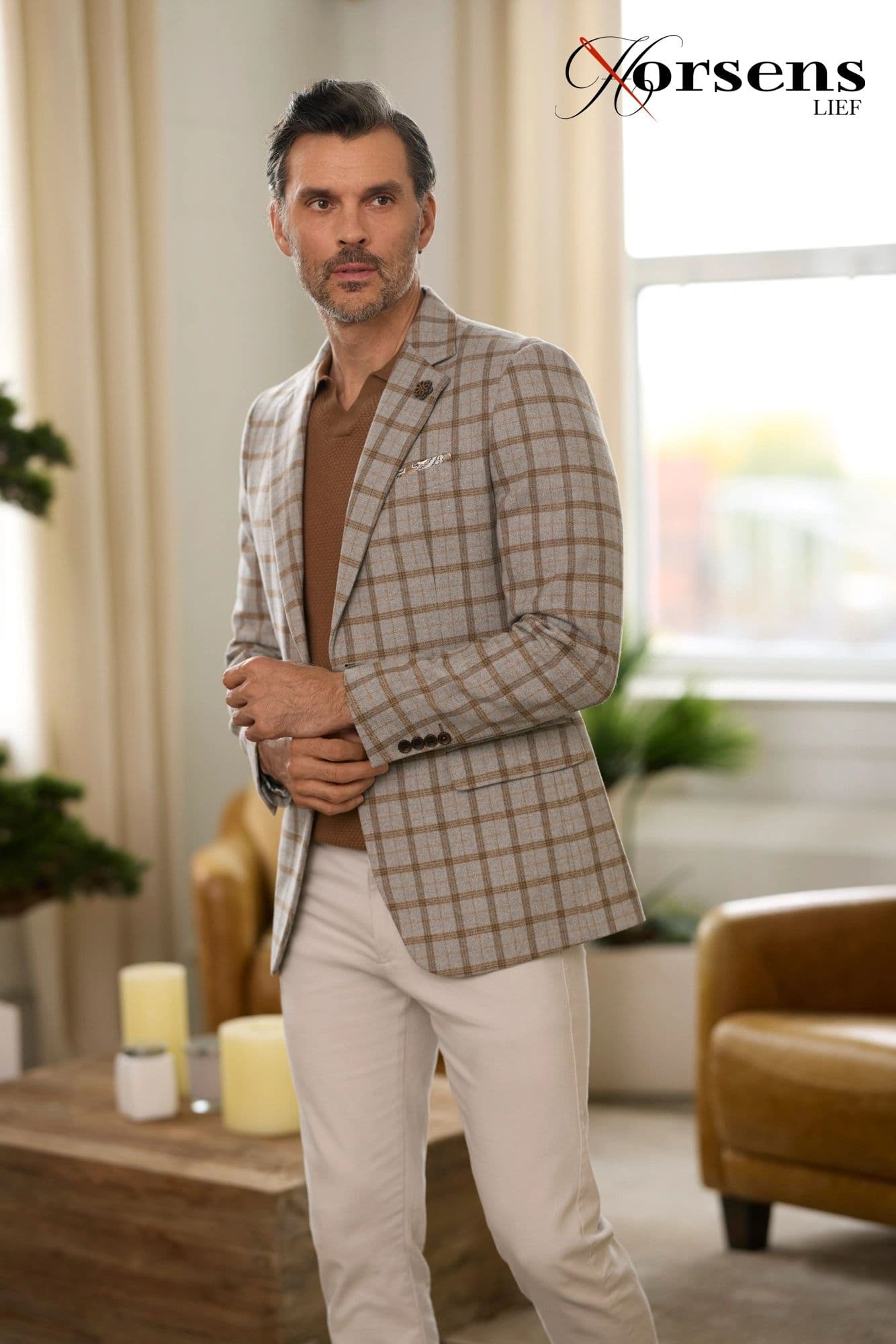 Beige check blazer & camel crewneck sweater