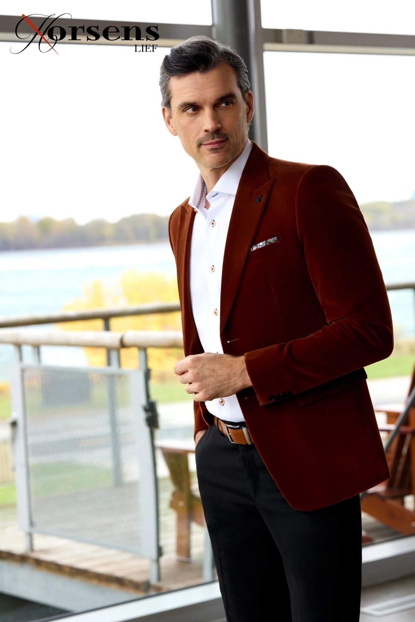 Rust velvet blazer & white shirt